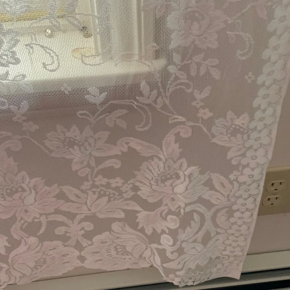 Elegant White Lace Curtain Panels Floral, Scalloped Bottom - 74” x 56” -Set of 3